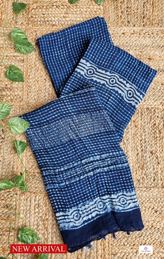 INDIGO CHECK - HANDBLOCK PRINT - LINEN SAREE