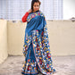 kantha stitch blue designer blended bangalore silk saree with floral motif for wedding, marriage, special celebration or anniversary with blouse piece in best price