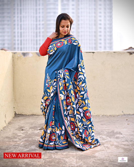 kantha stitch blue designer blended bangalore silk saree with floral motif for wedding, marriage, special celebration or anniversary with blouse piece in best price