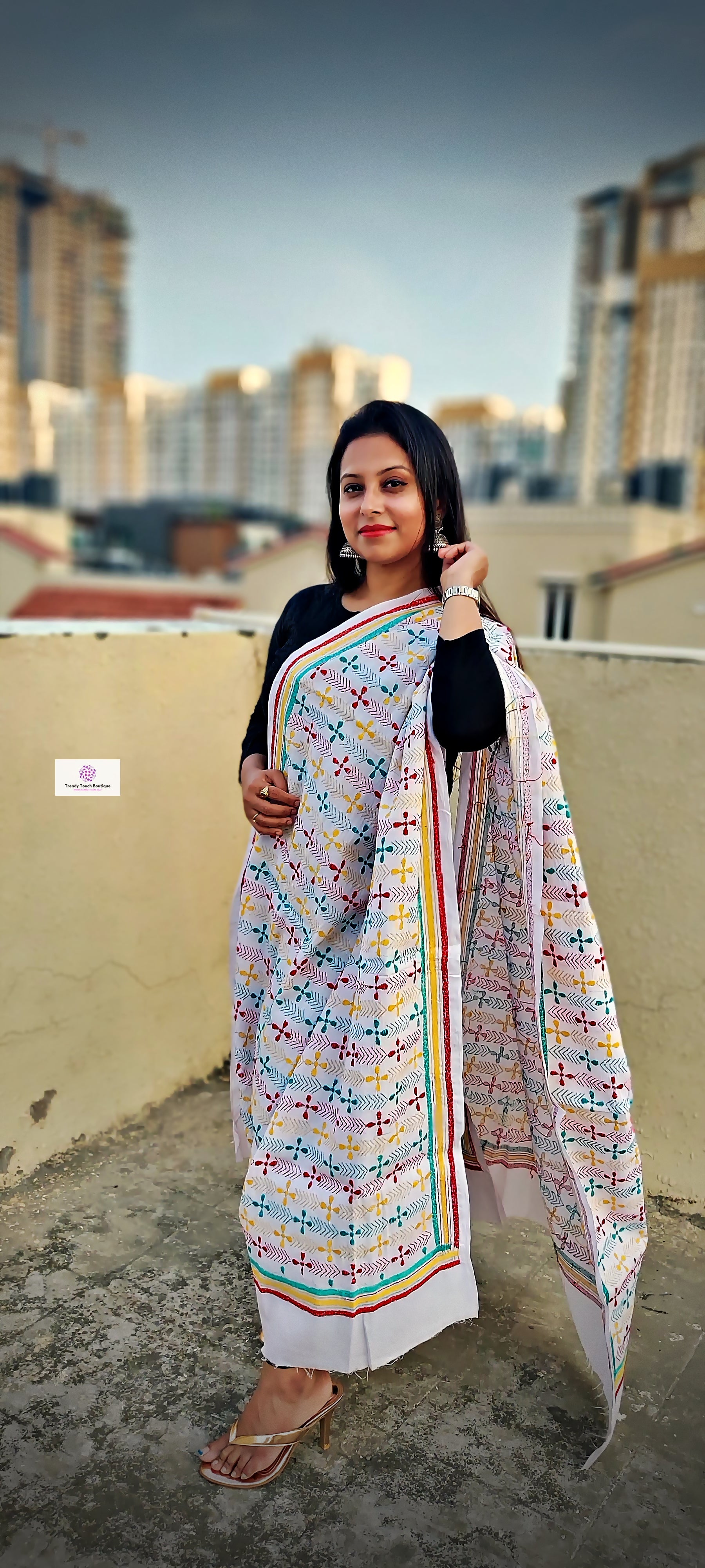 kantha handembroidered pure cotton designer statement dupatta for kurti styling in summer Holi sale best price green red yellow on white floral handcrafted