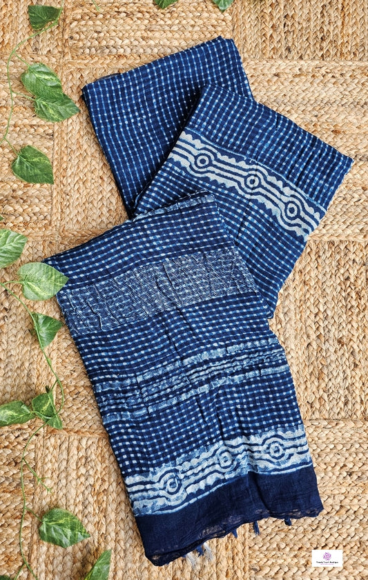 Indigo Check - Hand Block Print - Linen Cotton Saree