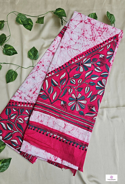 Pink Lily - Kantha Work & Hand Batik - Cotton Saree