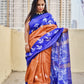 Pure Gicha Tussar Silk Saree with Silk Mark Certified Blue and Orange Handloom saree best wedding marriage function party wear celebration and corporate events office best price with blouse piece handblock printed