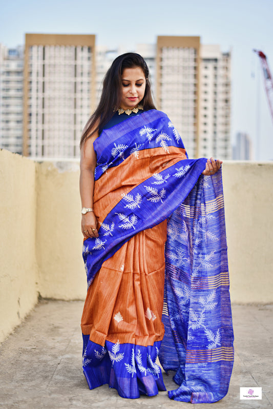 Pure Gicha Tussar Silk Saree with Silk Mark Certified Blue and Orange Handloom saree best wedding marriage function party wear celebration and corporate events office best price with blouse piece handblock printed