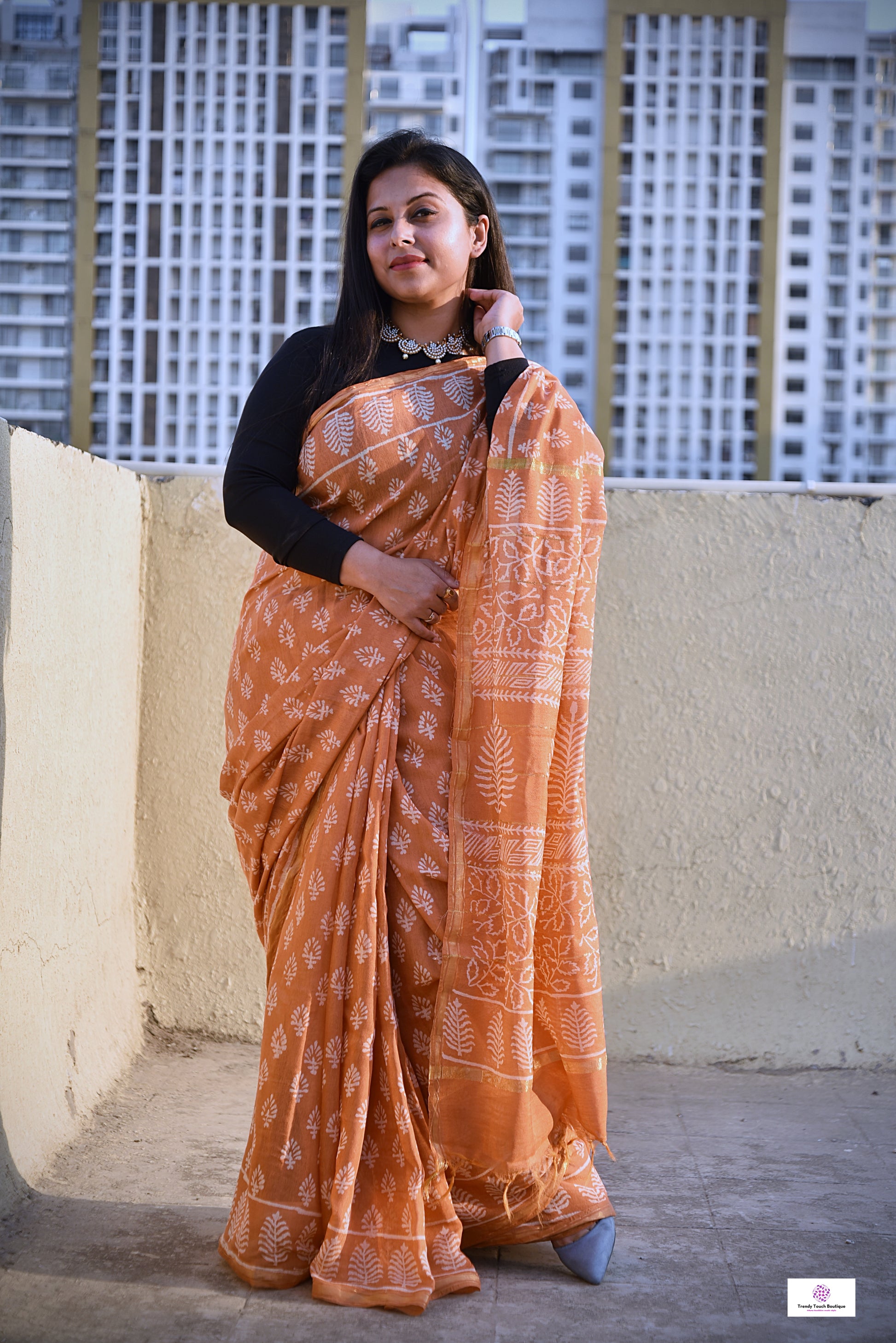 pastel orange handblock print small buti print natural dye chnaderi silk saree for every day casual wear or office styling in summer
