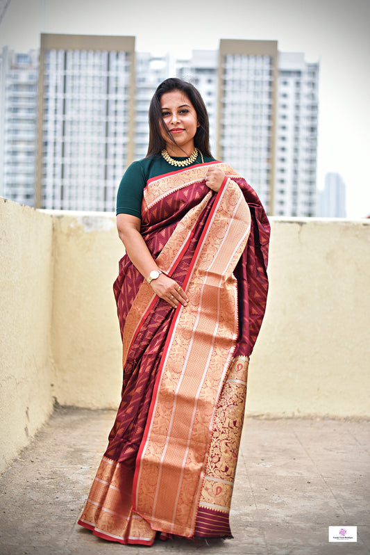 kanjivaram saree maroon copper zari work bridal & wedding functions best price lightweight silk saree with blouse piece