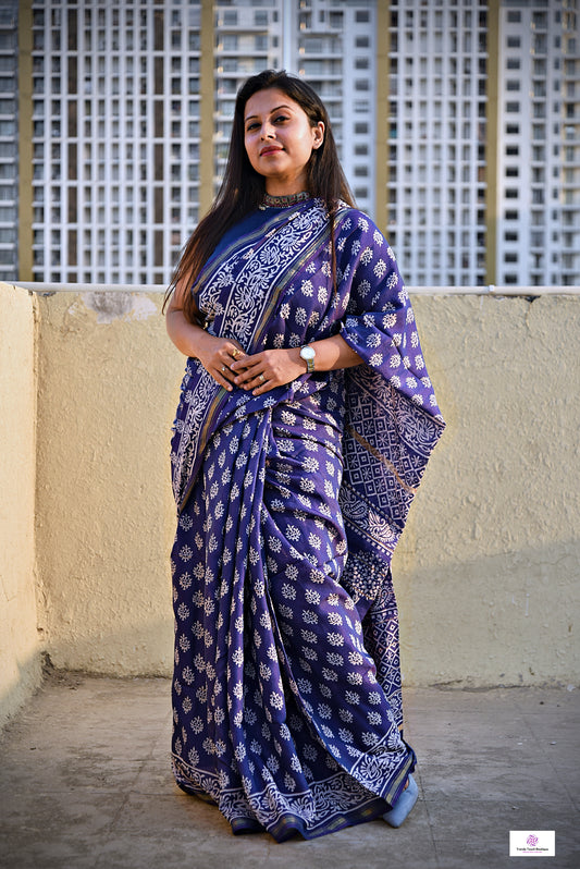 chanderi silk blue saree office wear casual workwear summer saree handblock print mini buta