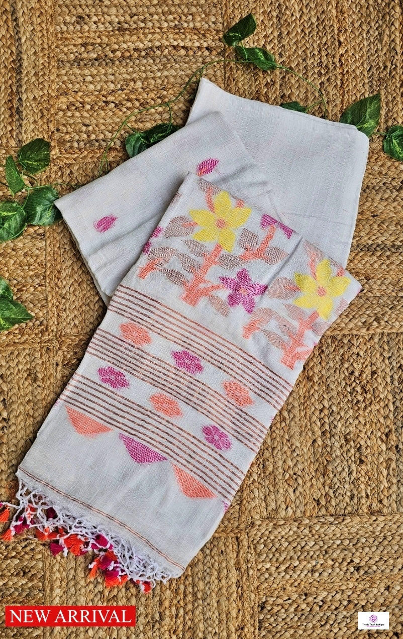 FLORALS - LINEN JAMDANI HANDLOOM SAREE (WHITE)