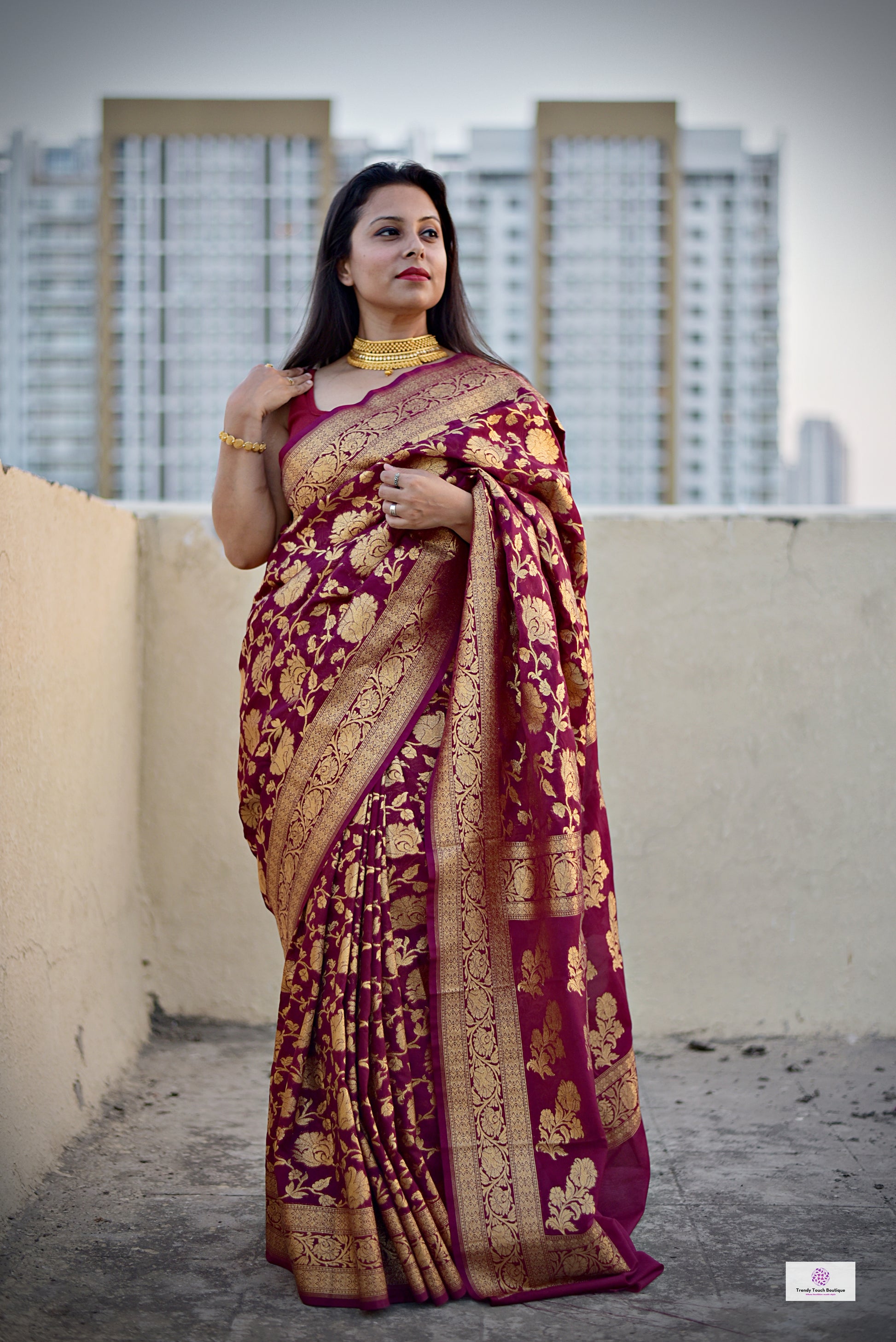 Maroon golden jaal work handloom georgette banarasi silk saree wedding season and bridal function 