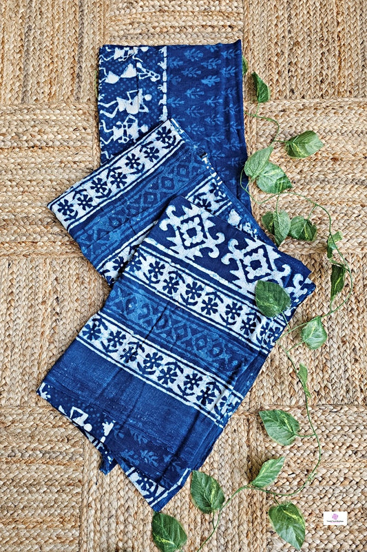 Warli Indigo - Hand Block Print - Mulcotton Saree