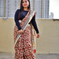 Brick Red & Beige, Black Floral Handblock print linen saree organic dye best summer fabric best price casual and formal saree 