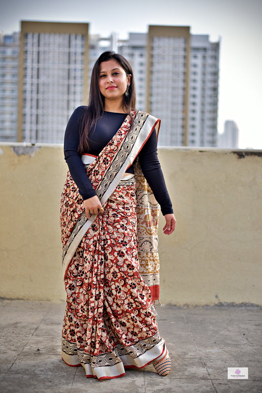 Brick Red & Beige, Black Floral Handblock print linen saree organic dye best summer fabric best price casual and formal saree 