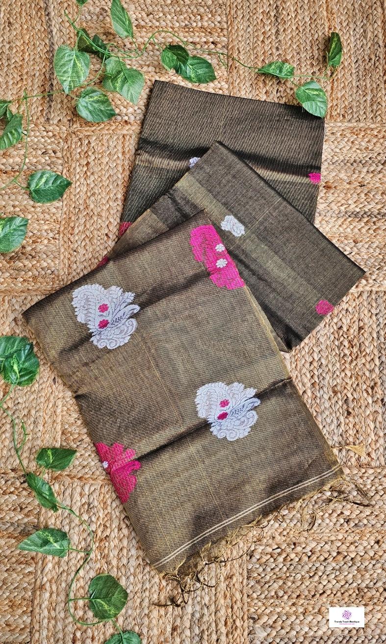 Blackish Gold - Jamdani Handloom - Tissue Linen Saree