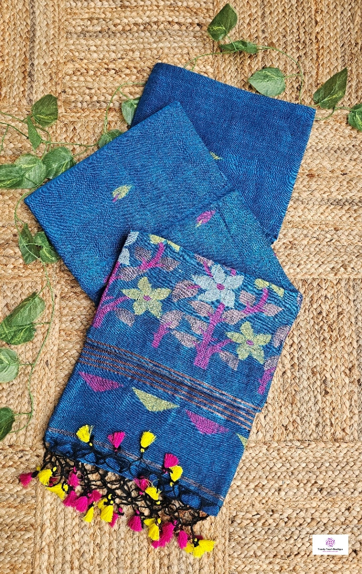 Blue Florals - Jamdani Handloom - Linen Saree