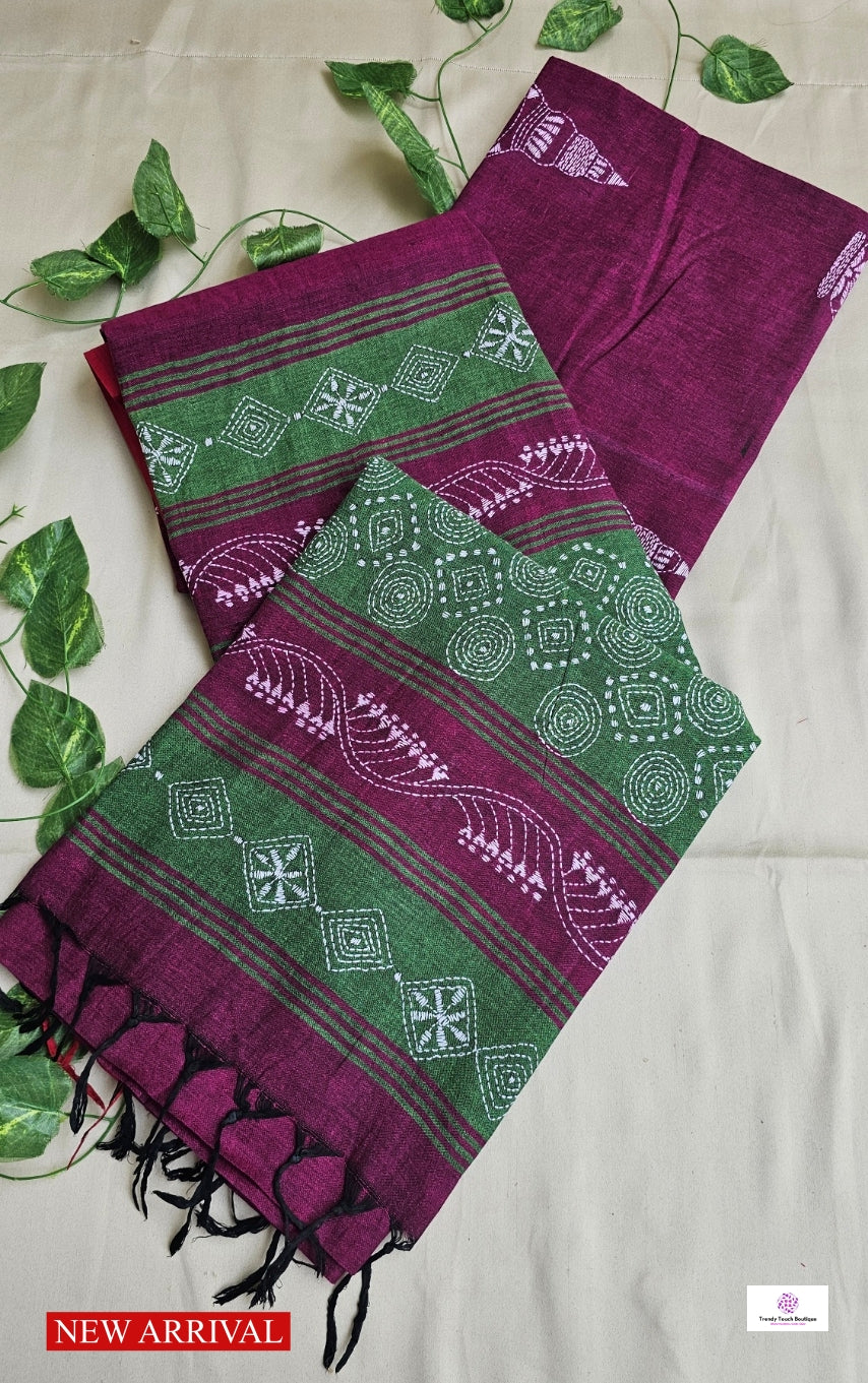 BEETROOT PUNCH - KANTHA STITCH - COTTON HANDLOOM SAREE
