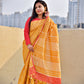 handloom summer wear saree haldi or special ocassion office wear, formal parties, yellow and red saree check saree best price with blouse piece