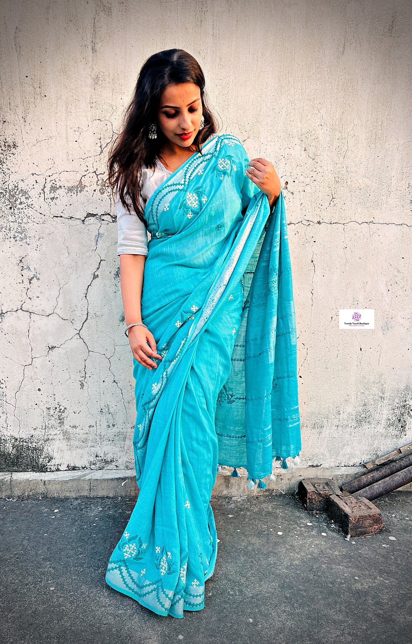 kutch handembroidered linen saree designer office wear and special events in summer