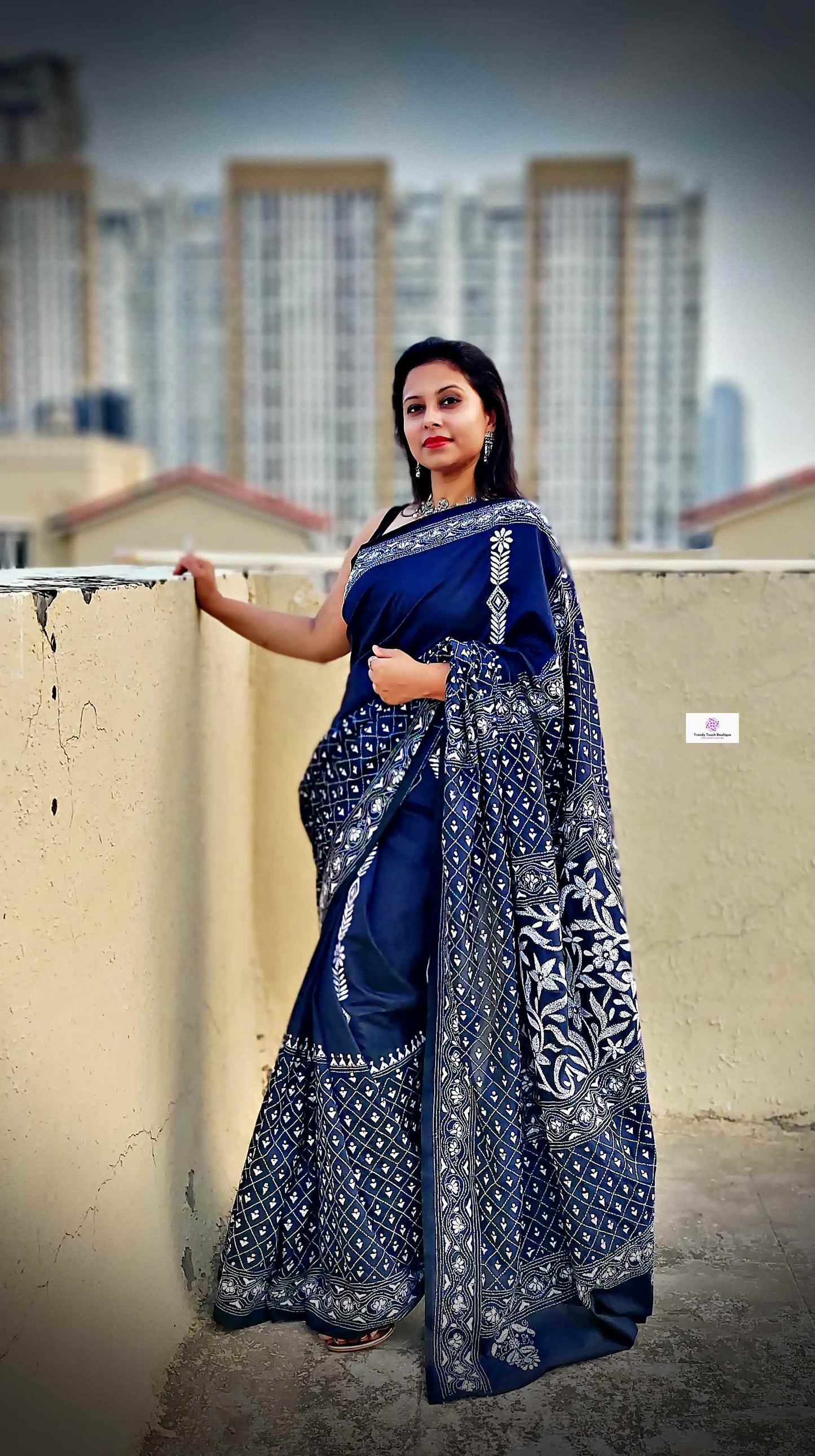 Kantha Stitch Work hand embroidered Midnight Blue Designer Soft Blended Bangalore Silk Saree best price new design festive fashion wedding party wear marriage function special occasion with blouse piece