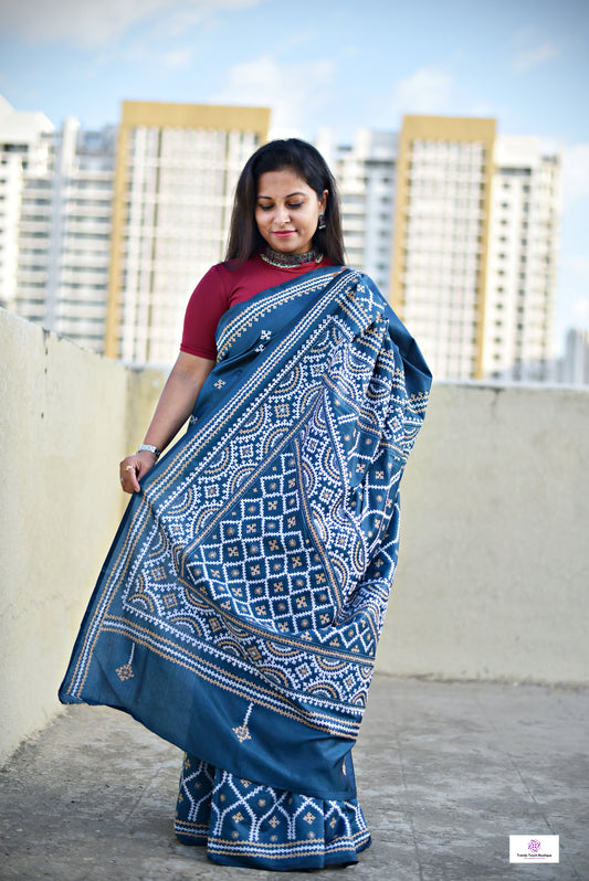 blue kutch handembroidered designer blended bangalore silk saree for wedding and festive wear lightweight best fabric with blouse piece and best price