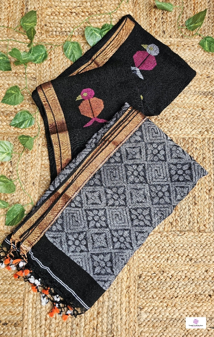 BIRDY - LINEN JAMDANI HANDLOOM SAREE (BLACK)