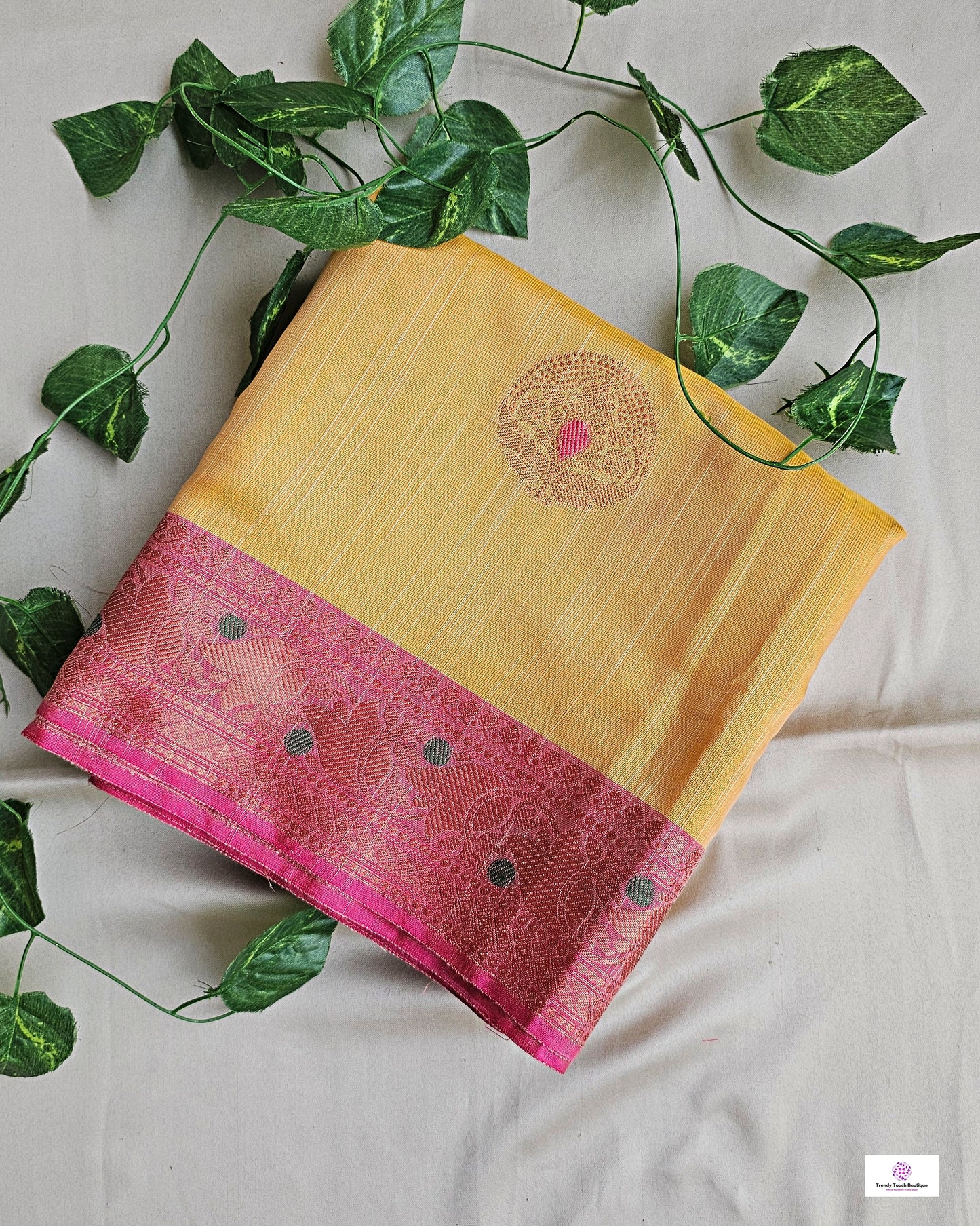 Muga cotton banarasi soft and lightweight puja, wedding and special ocassion casual wear saree yellow and pink with blouse piece best price