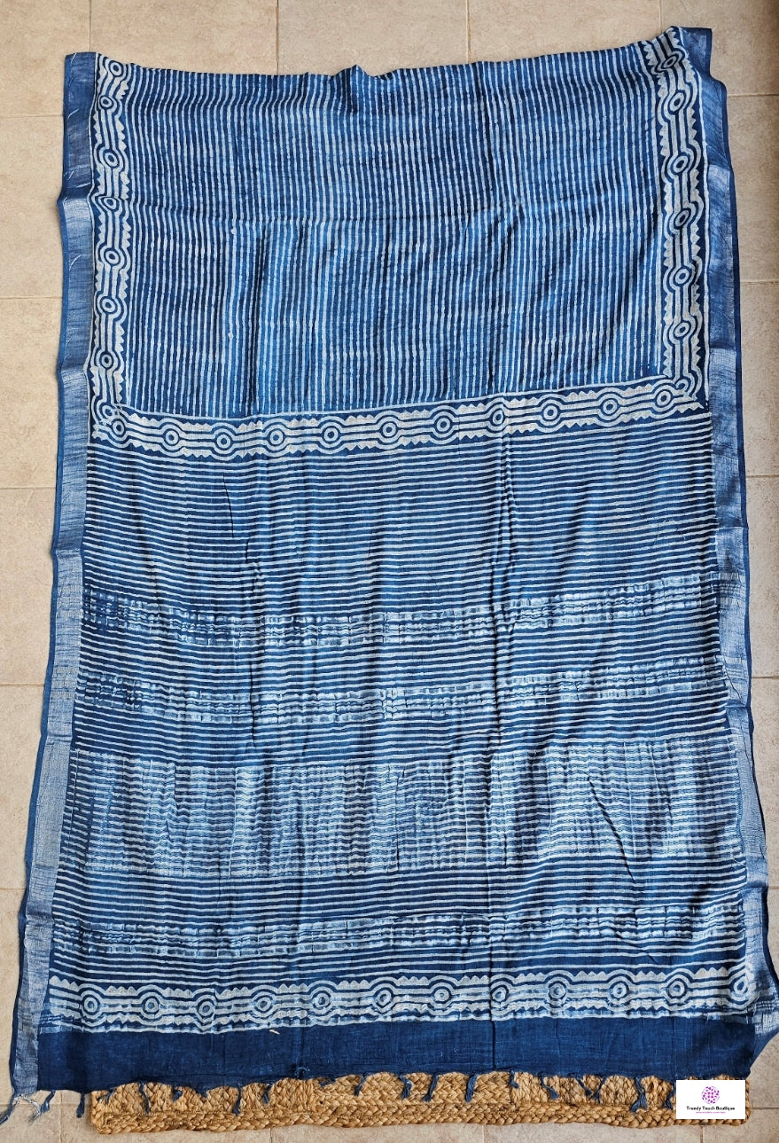 INDIGO STRIPE - HANDBLOCK PRINT - LINEN SAREE