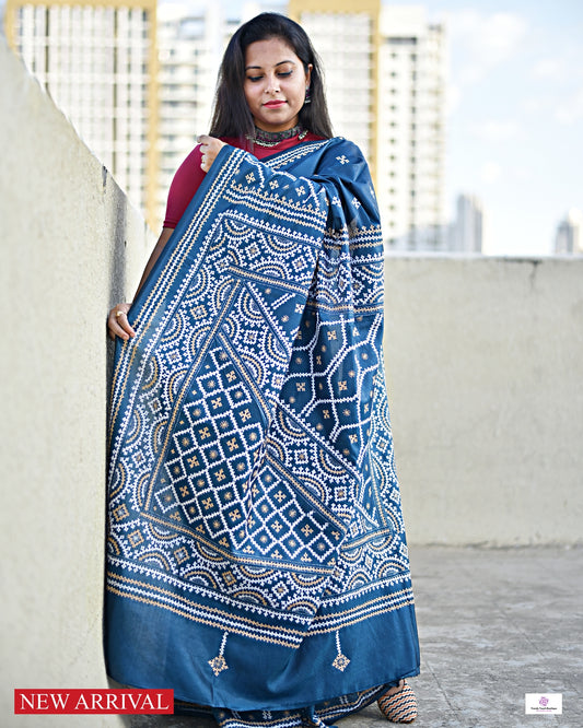 NAYAN - KUTCH HAND EMBROIDERED - BLENDED BANGALORE SILK (PRUSSIAN BLUE)