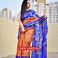 Pure Gicha Tussar Silk Saree with Silk Mark Certified Blue and Orange Handloom saree best wedding marriage function party wear celebration and corporate events office best price with blouse piece handblock printed
