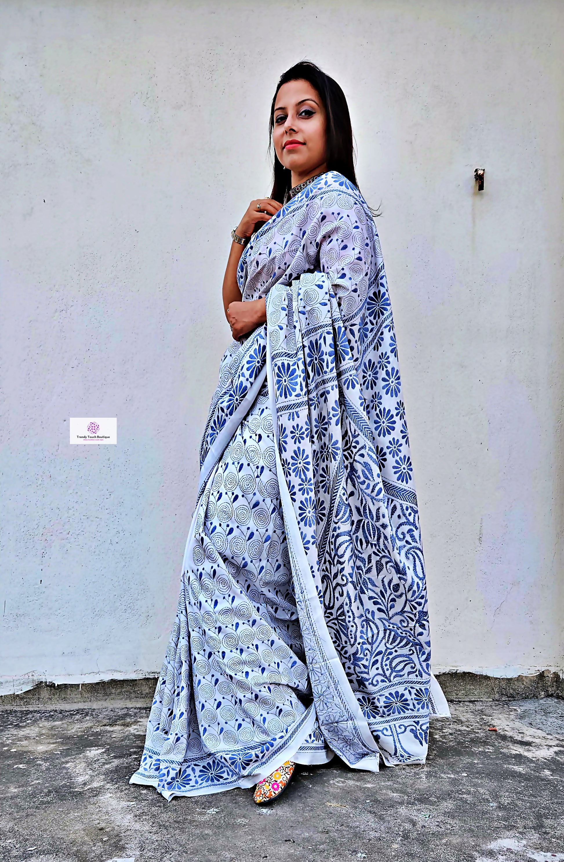 White Kantha Embroidered Silk Saree with blouse piece