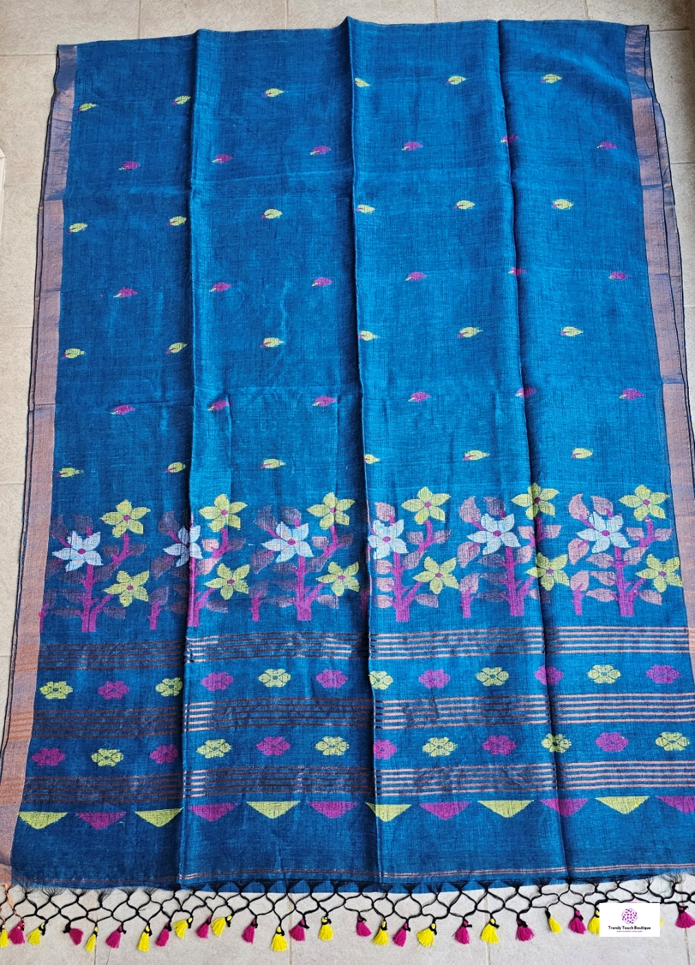 FLORALS - LINEN JAMDANI HANDLOOM SAREE (BLUE)