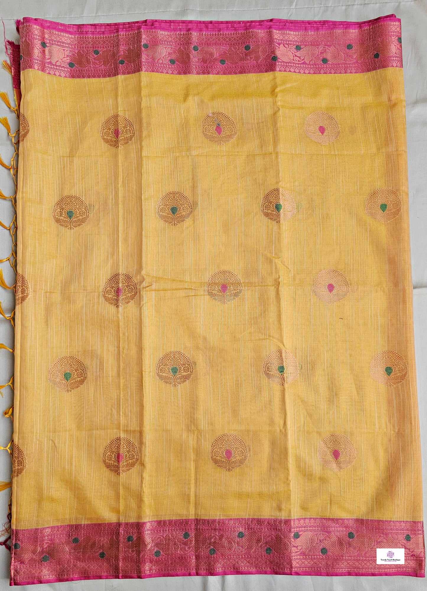 Muga cotton banarasi soft and lightweight puja, wedding and special ocassion casual wear saree yellow and pink with blouse piece best price