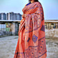 peach blue kantha stitch hand embroidered pure khadi handloom saree wedding season party wear marriage celebration affordable price with blouse piece designer saree office formal wear saree