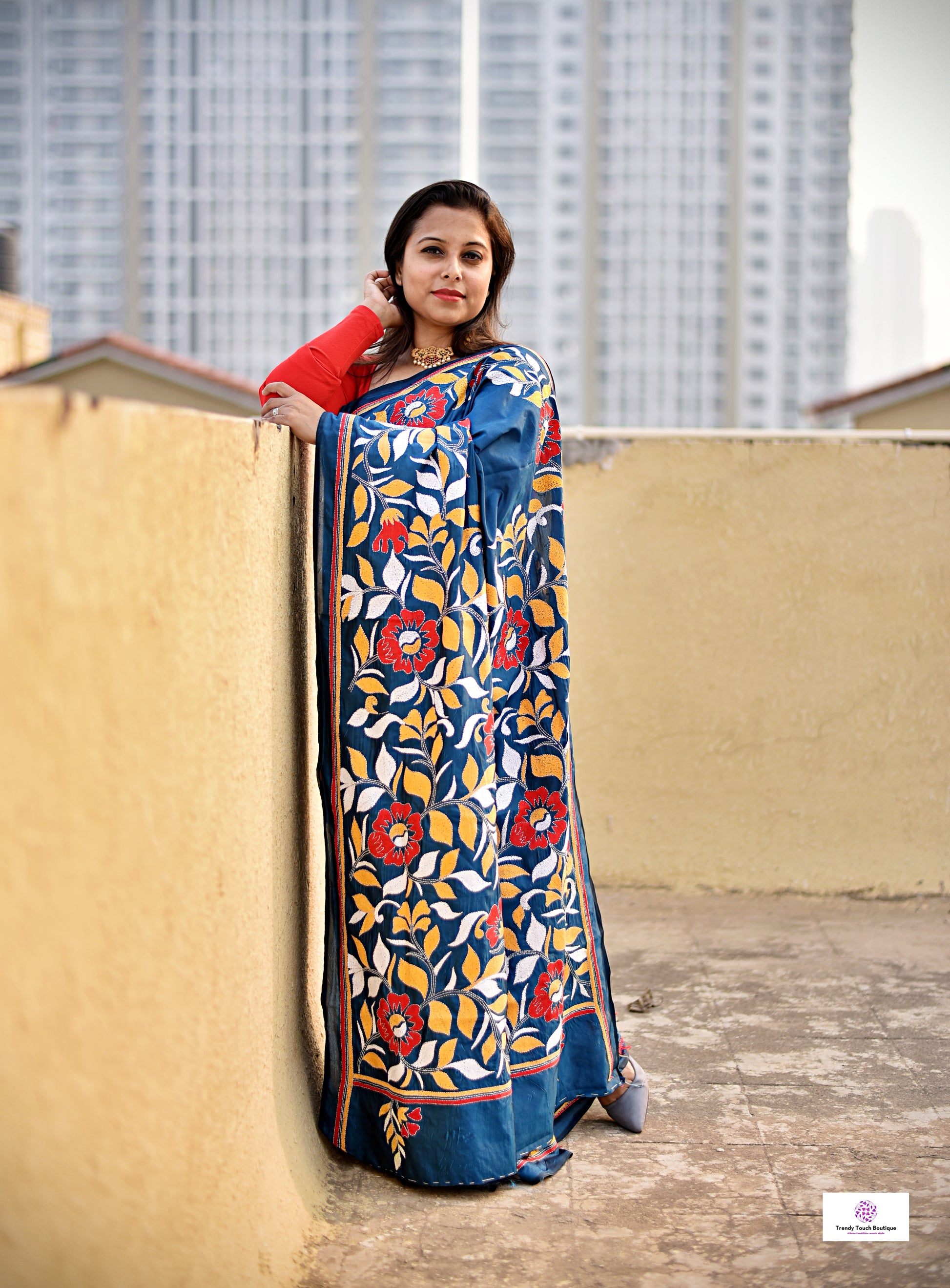 kantha stitch blue designer blended bangalore silk saree with floral motif for wedding, marriage, special celebration or anniversary with blouse piece in best price