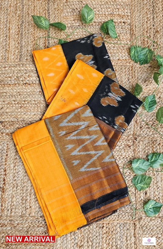 pochampally ikkat cotton handloom saree for office and casual outing summer special in black and orange with ikkat blouse piece