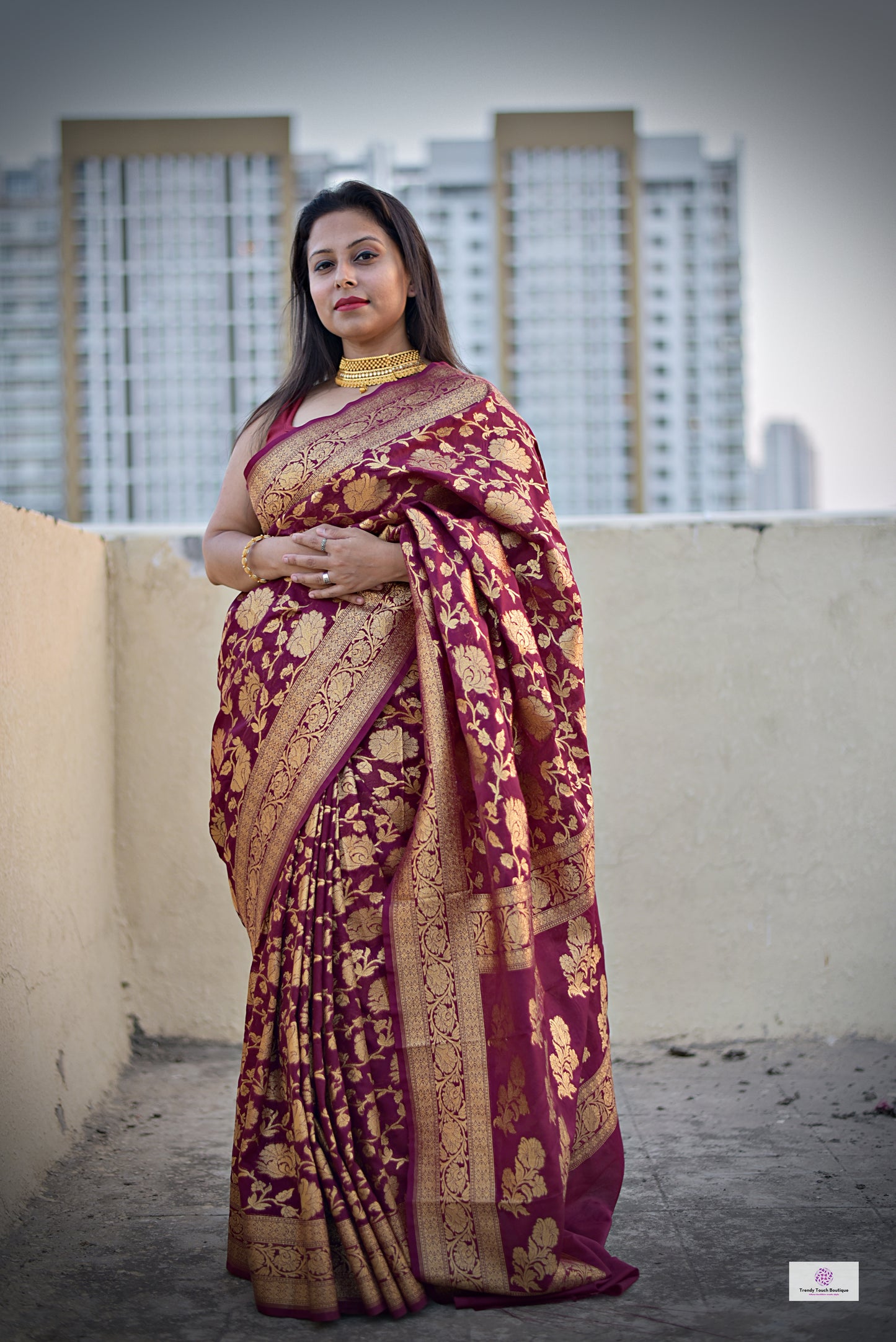 AISHWARYA - HANDLOOM GEORGETTE BANARASI - WINE COLOR