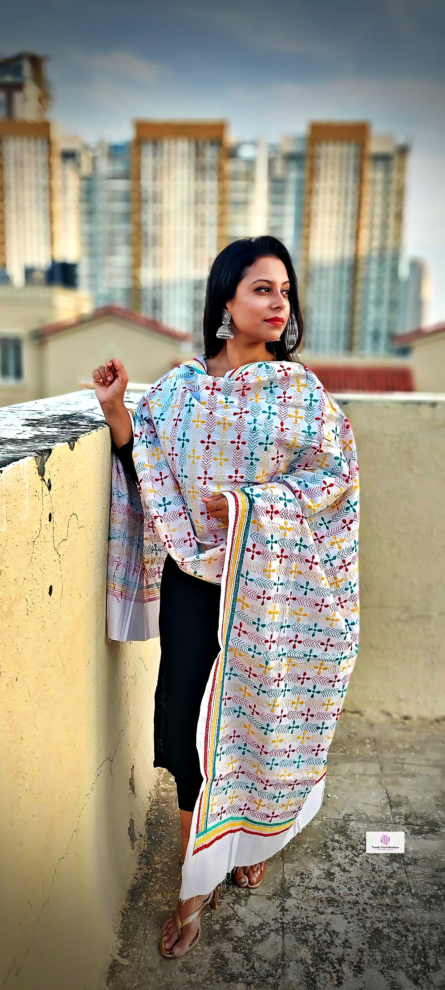kantha handembroidered pure cotton designer statement dupatta for kurti styling in summer Holi sale best price green red yellow on white floral handcrafted