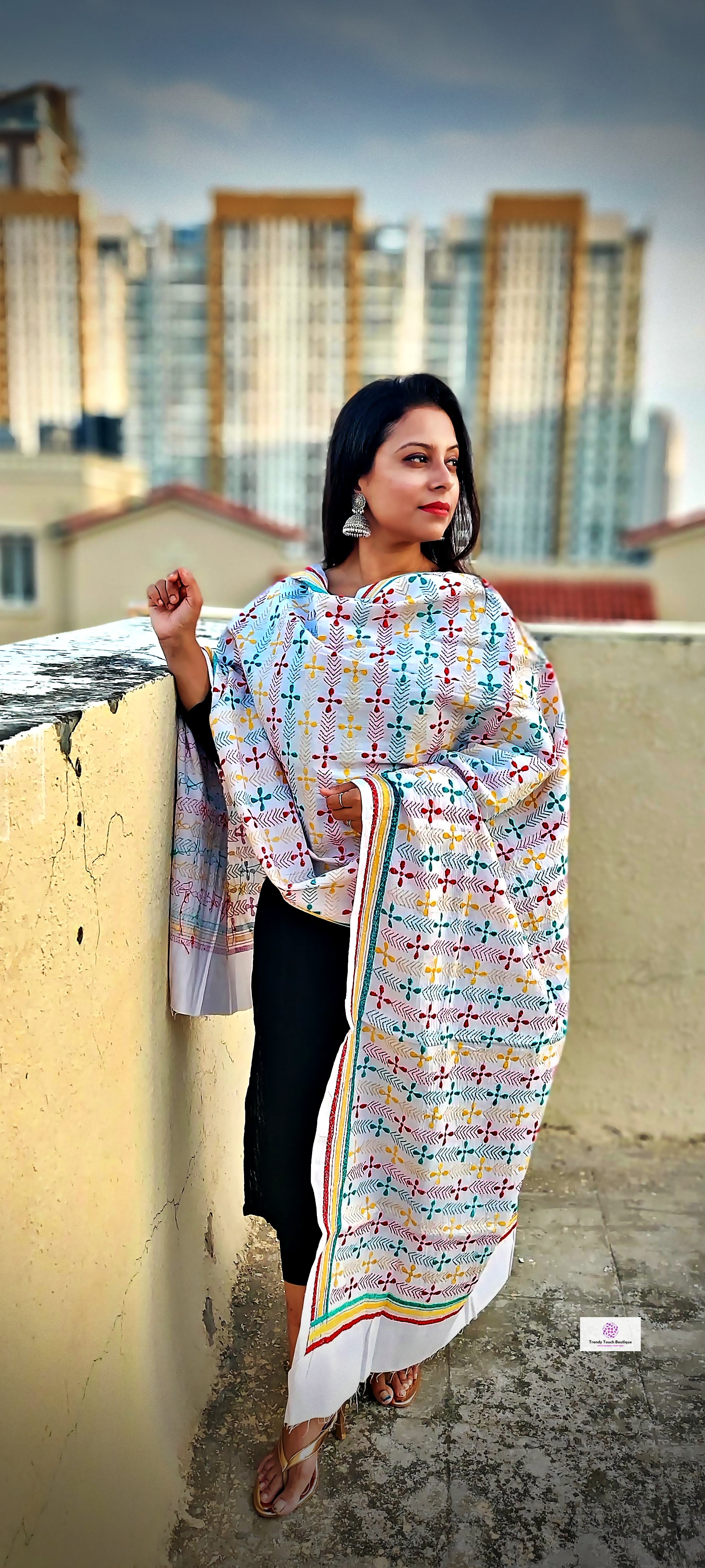 kantha handembroidered pure cotton designer statement dupatta for kurti styling in summer Holi sale best price green red yellow on white floral handcrafted