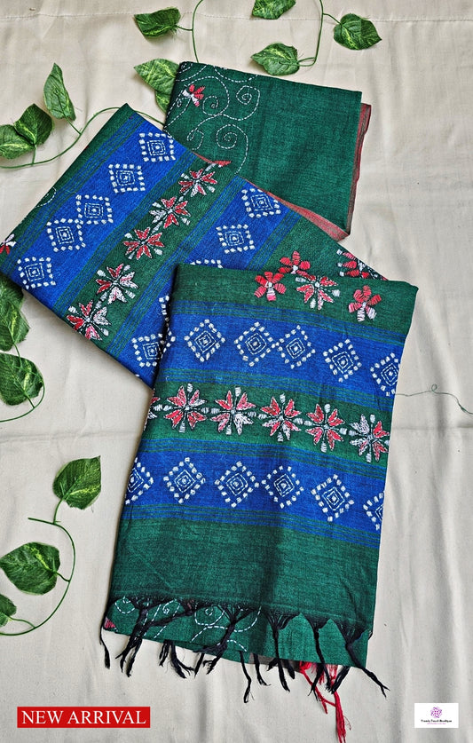 BLUE RIVER - KANTHA STITCH - COTTON HANDLOOM SAREE