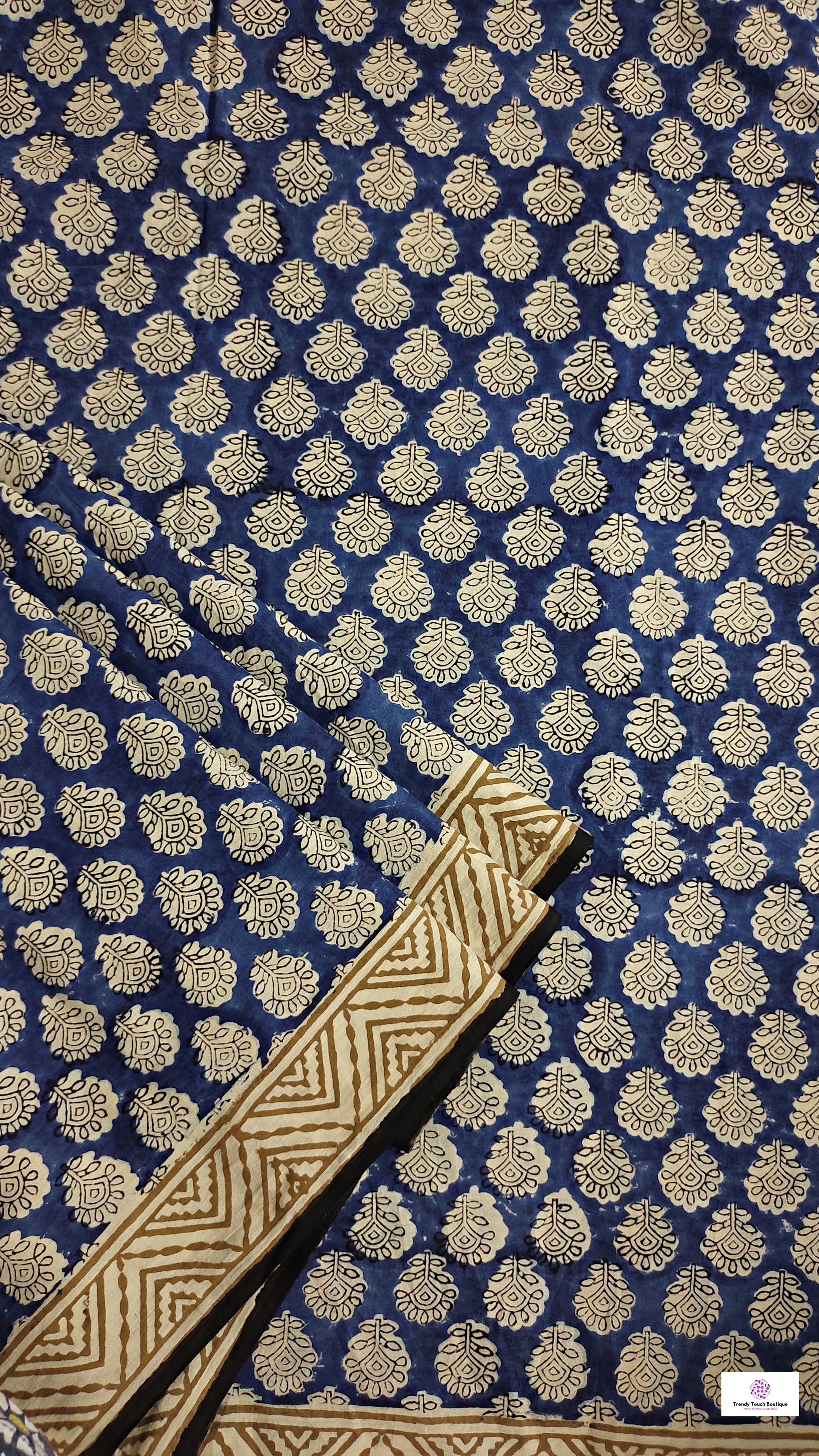 handblockprinted blue beige organic mulcotton saree best summer fabric office and causal style best price with blouse piece