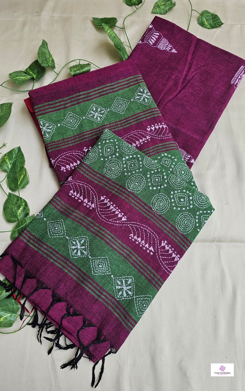 BEETROOT PUNCH - KANTHA STITCH - COTTON HANDLOOM SAREE