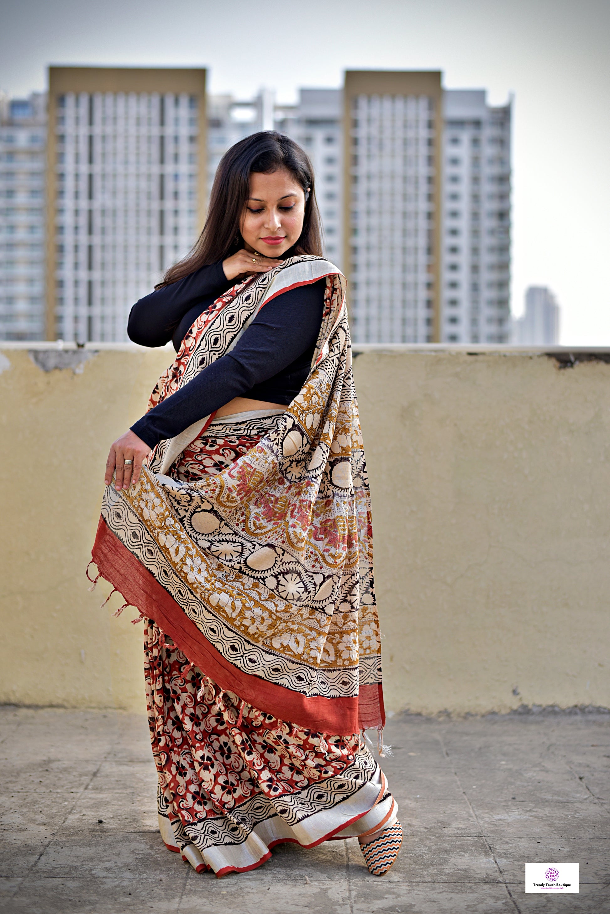 Brick Red & Beige, Black Floral Handblock print linen saree organic dye best summer fabric best price casual and formal saree 