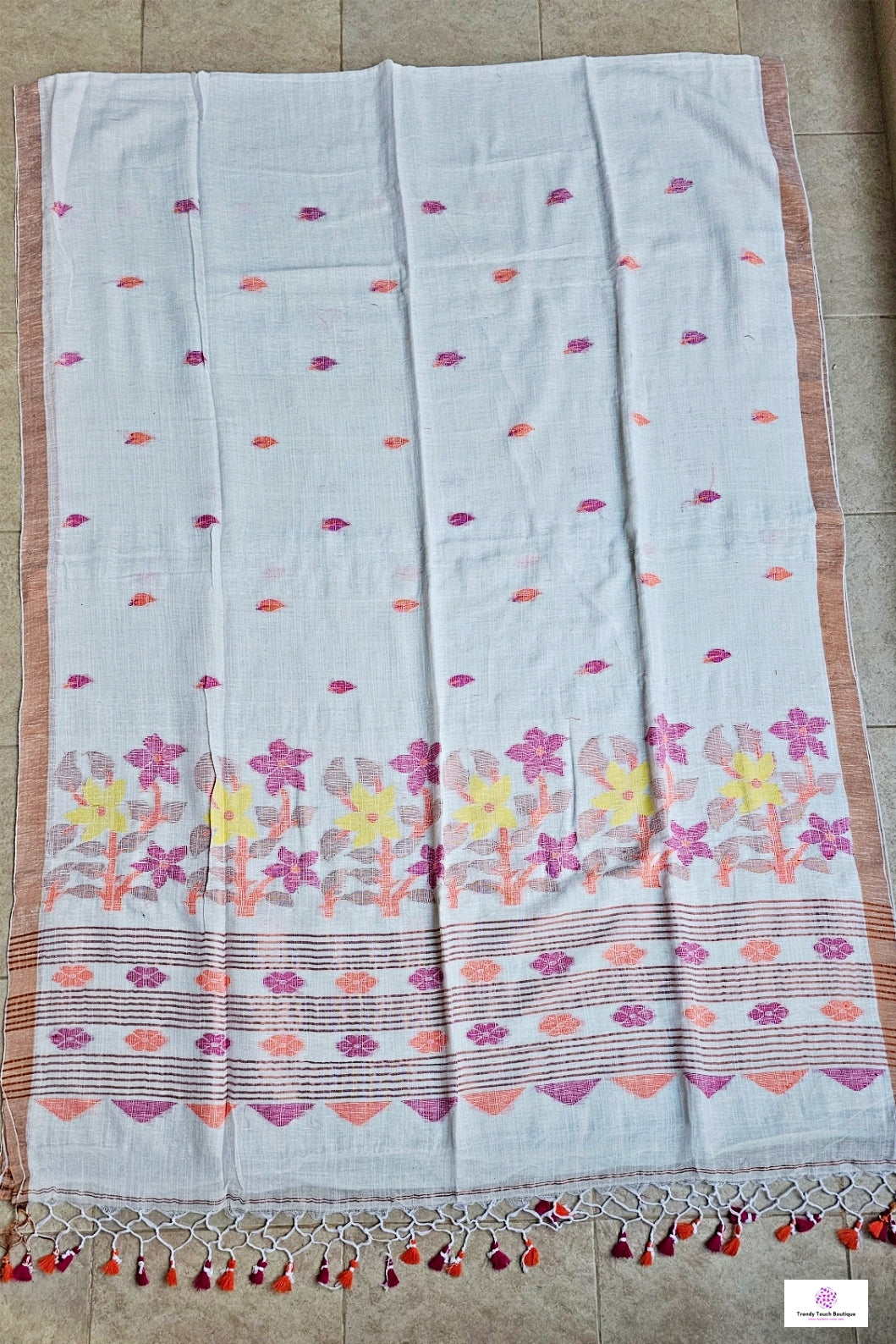 FLORALS - LINEN JAMDANI HANDLOOM SAREE (WHITE)