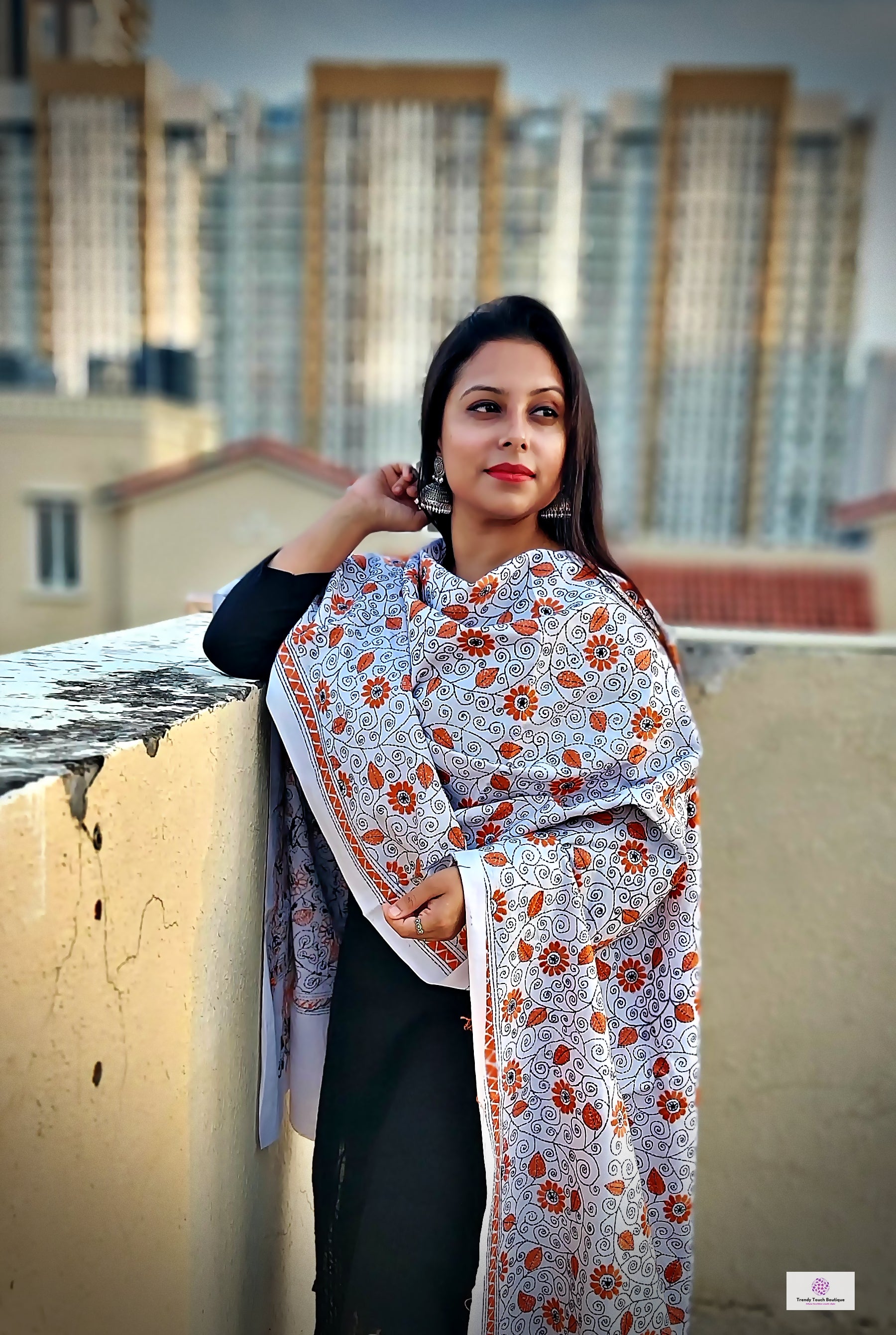 kantha handembroidered pure cotton designer statement dupatta for kurti styling in summer Holi sale best price white orange floral handcrafted