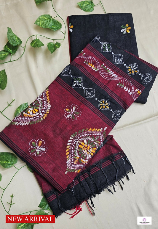 NIGHT QUEEN - KANTHA STITCH - COTTON HANDLOOM SAREE