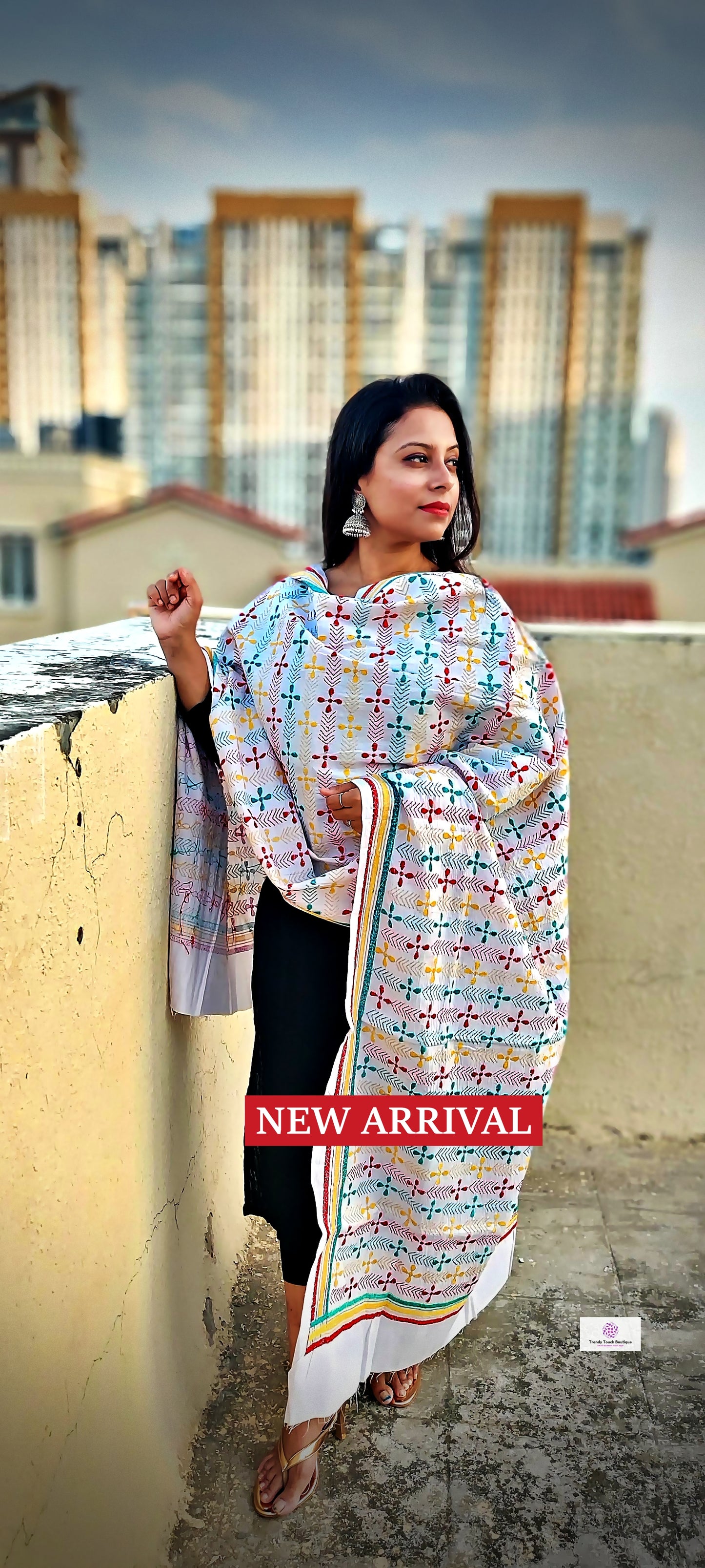 kantha handembroidered pure cotton designer statement dupatta for kurti styling in summer Holi sale best price green red yellow on white floral handcrafted