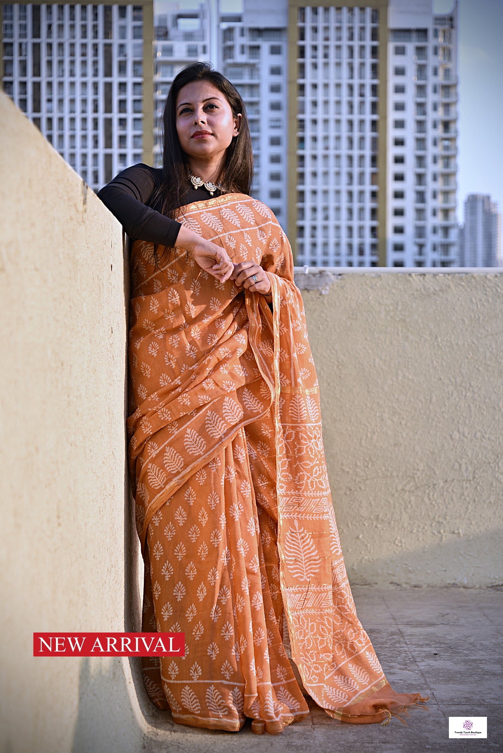 pastel orange handblock print small buti print natural dye chnaderi silk saree for every day casual wear or office styling in summer