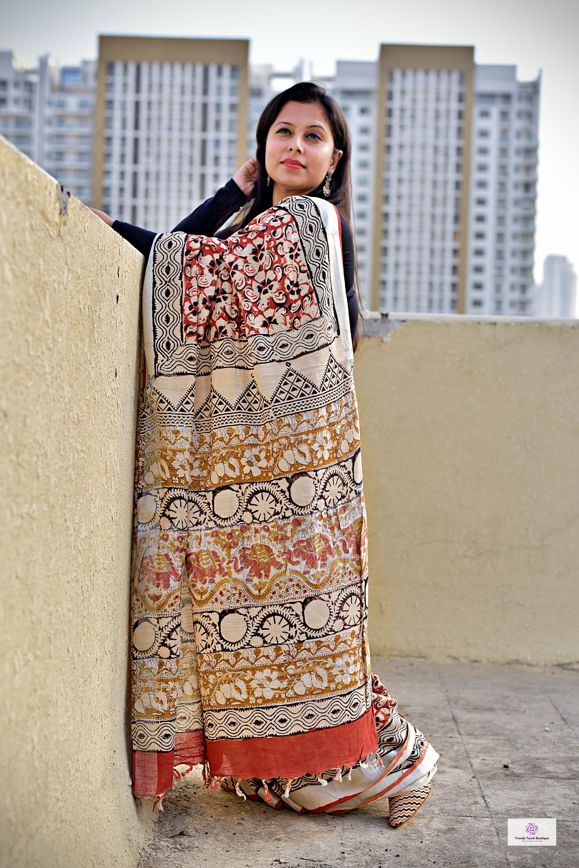 Brick Red & Beige, Black Floral Handblock print linen saree organic dye best summer fabric best price casual and formal saree 