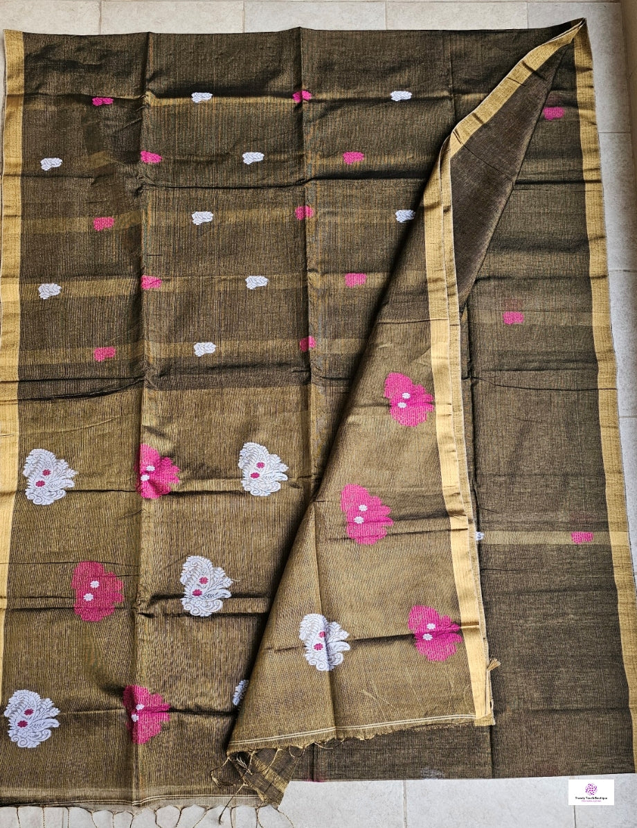BLACKISH GOLD - TISSUE LINEN JAMDANI HANDLOOM SAREE