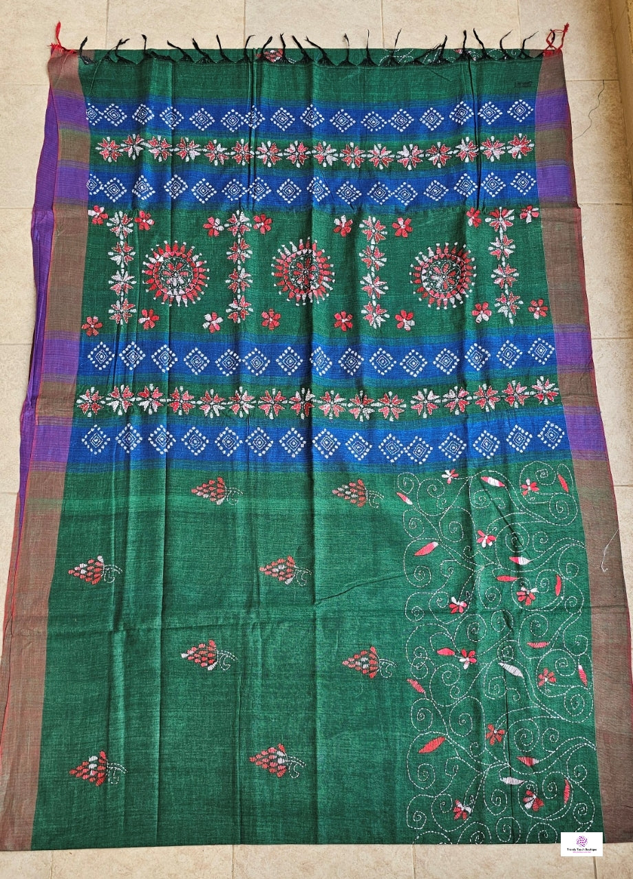 BLUE RIVER - KANTHA STITCH - COTTON HANDLOOM SAREE