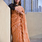 pastel orange handblock print small buti print natural dye chnaderi silk saree for every day casual wear or office styling in summer